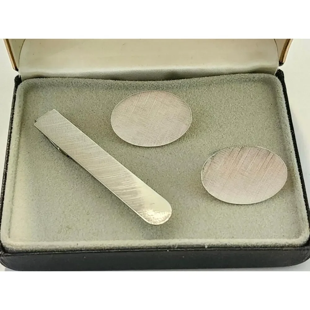 Vintage Anson Brushed Silver Cuff Links and Tie Clip, NEW OLD STOCK
